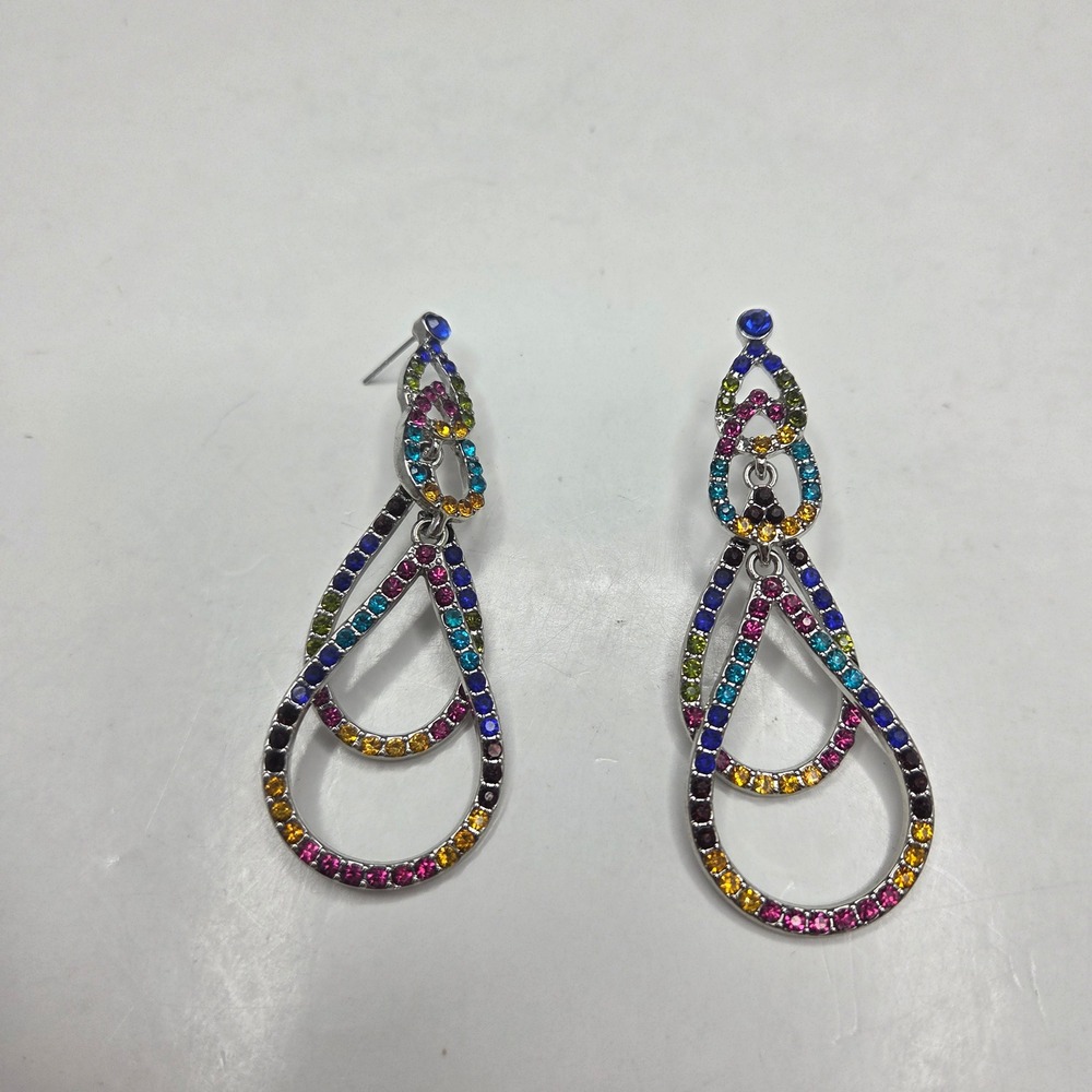 Unbranded Rhinestone Drop Earrings Double Teardrop Multi-Color Silver-Tone 2.75"